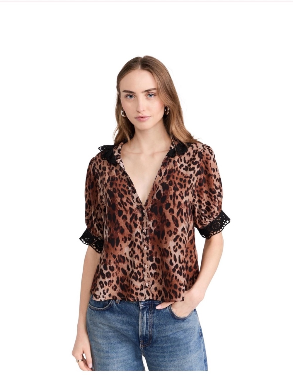 Free People Leopard Print Button-Down Top with Black Eyelet Trim